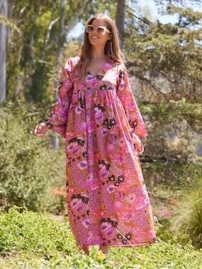 Blue Boheme Hawaii Floral Maxi Dress Long Sleeve V Neck Pink S/M Boho Hippie NWT